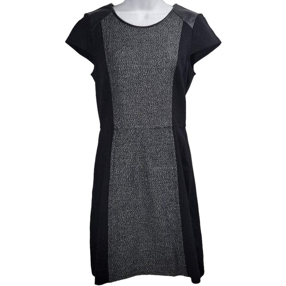 Kensie Black Textured Faux Leather Trim Cap Sleeve Sheath Dress Size S